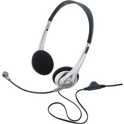 Strieborné a čierne počítačové headset s mikrofónom a káblom. Leží plocho a je pripravené na použitie.