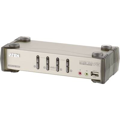 'ATEN KVMP Switch': Zariadenie so štyrmi USB portami, audio konektormi a prepínačmi na ovládanie viacerých počítačov prostredníctvom jedného monitora.
