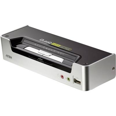 Čierna a strieborná multimediálna dokovacia stanica s HDMI a viacerými portami, vhodná pre audio a video pripojenia.