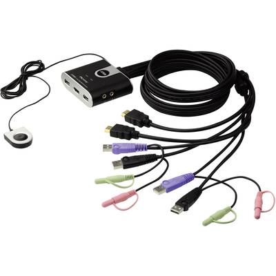 Čierny KVM prepínač s viacerými pripojenými káblami vrátane USB, HDMI a audio konektorov, určený na prepájanie viacerých zariadení.