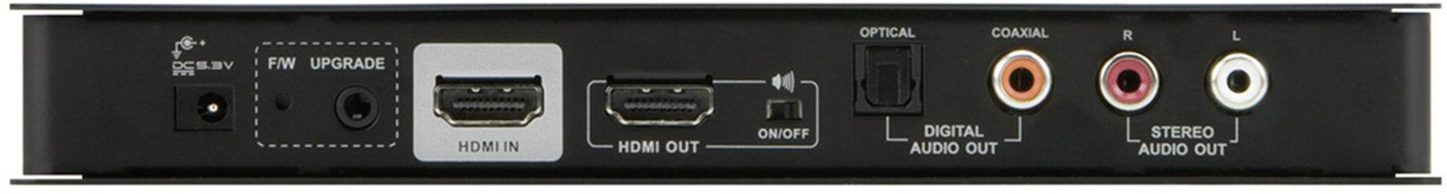 Zadná strana multimediálneho zariadenia s prípojkami: napájací konektor, Ethernet, USB, dva HDMI porty, optický a dva audio výstupy.