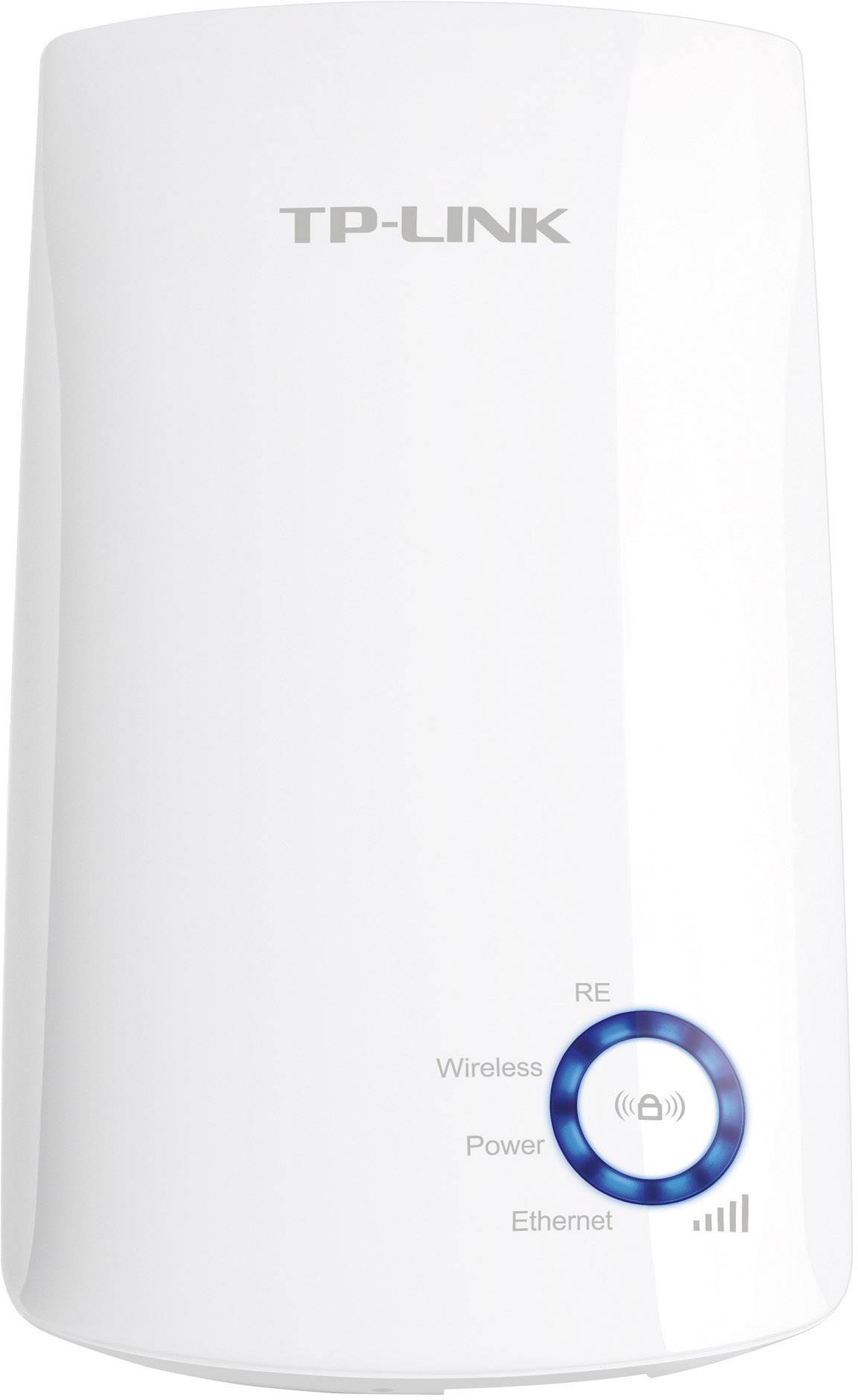 Wi-Fi repeater TP-LINK s podsvietenými indikátormi pre Wi-Fi, napájanie a Ethernet.