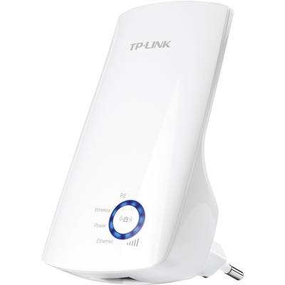 Biely TP-Link WiFi zosilňovač so svetelnými indikátormi pre bezdrôtové pripojenie, napájanie a Ethernet.