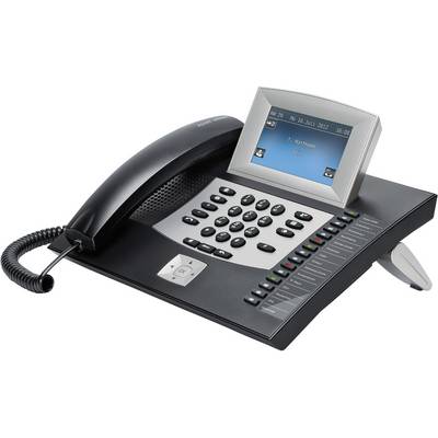 Moderný stolový telefón s mikrotelefónom, numerickou klávesnicou a displejom zobrazujúcim dátum a čas. Ideálny pre kancelárske prostredie.