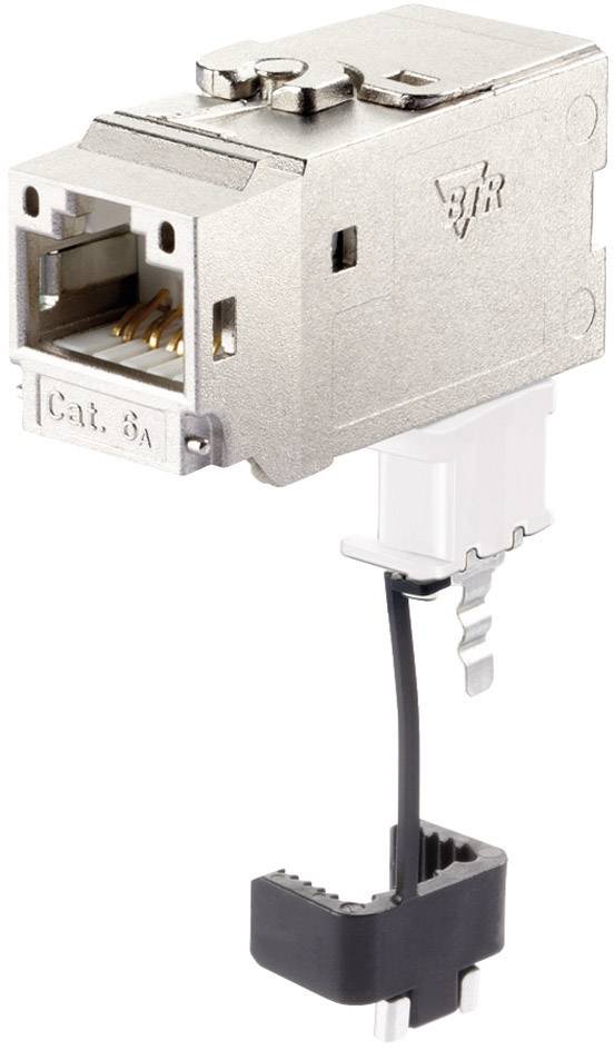 Metalický RJ45 modul, Cat. 6A, s otvoreným zadným krytom a viditeľnými kontaktnými kolíkmi, vhodný pre sieťové pripojenia.