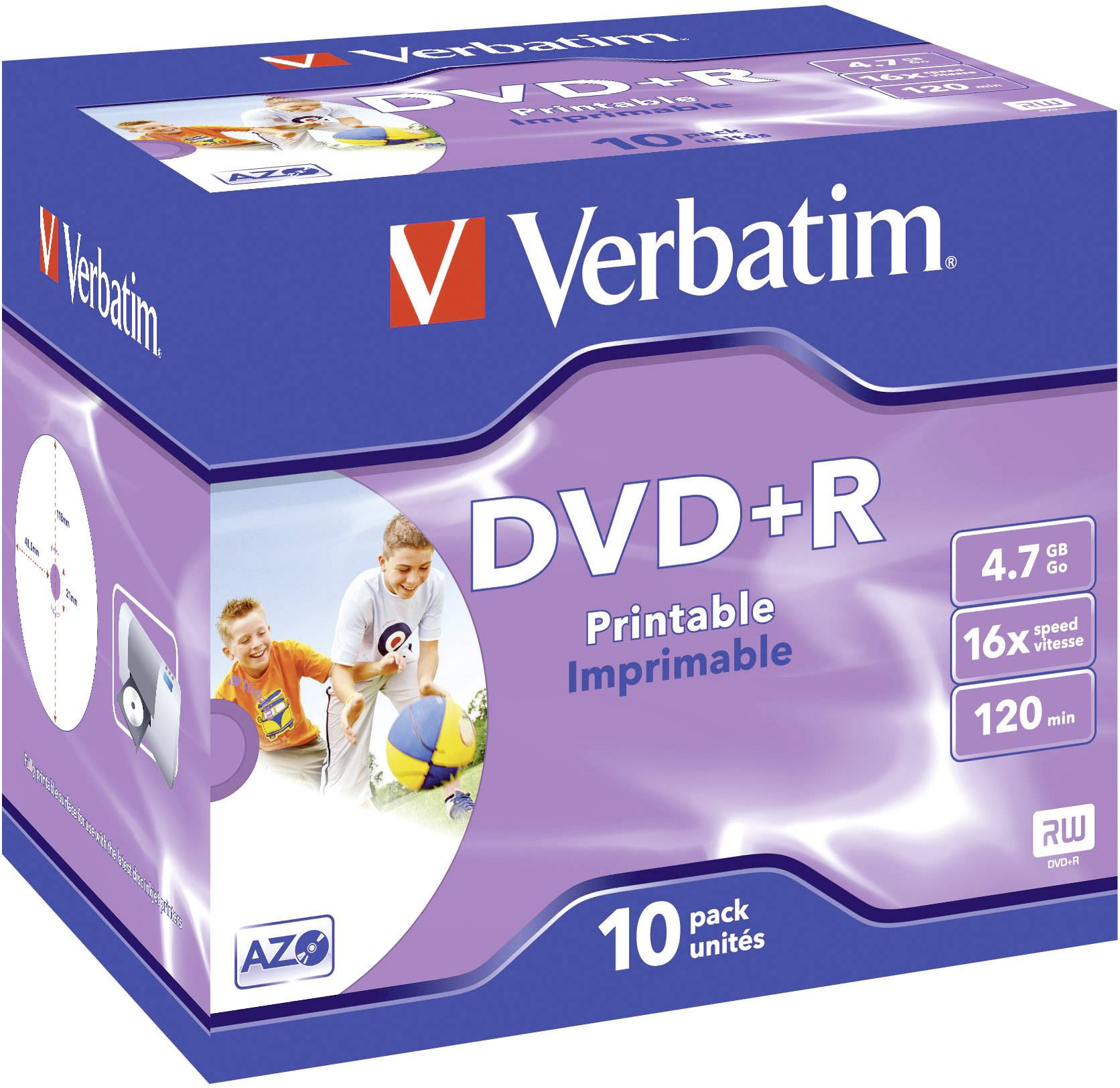 Balenie Verbatim DVD+R, 10 kusov, 4,7 GB, 16x rýchlosť, 120 minút. Obsahuje obrázky ľudí pri športe.