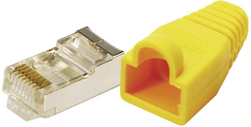 RJ45 konektor a žltá káblová objímka. Konektor má kovové kontakty pre ethernetové sieťové káblové prepojenia.