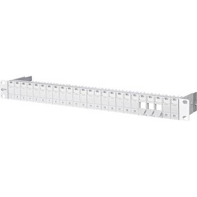 Patch panel s 24 portami, očíslovanými od 1 do 24. Slúži na pripojenie a organizáciu sieťových káblov v racku.
