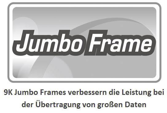 Logo s nápisom 'Jumbo Frame'. Text pod ním: 'Jumbo frames s veľkosťou 9K zlepšujú výkon pri prenose veľkých dátových súborov'.
