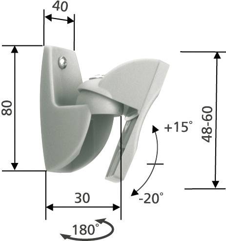 Upínacia svorka s nastaviteľným kĺbom, 80 mm vysoká, 48-60 mm široká. Rozsah otáčania 180°. Sklon: +15° až -20°.