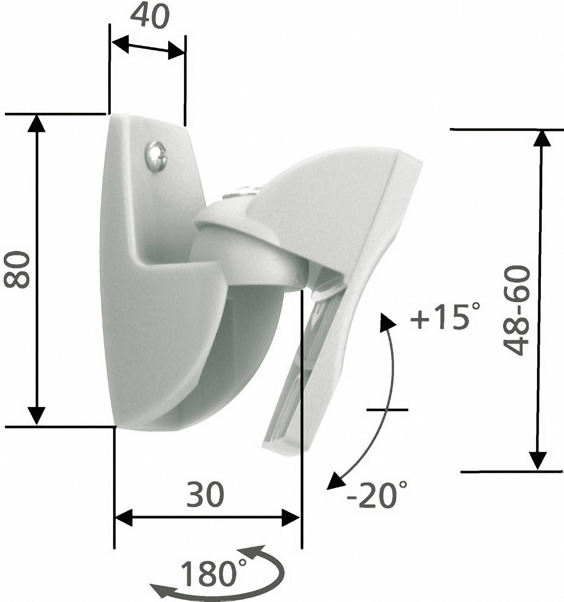Držiak na stenu s rozmermi: 80 mm vysoký, 40 mm široký, 30 mm hlboký. Nastaviteľný sklon od -20° do +15° a otočný o 180°.