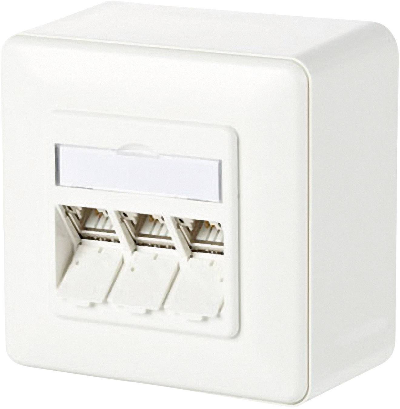 Biela sieťová zásuvka s tromi RJ45 portami na prednej strane.