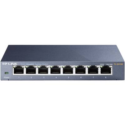TP-LINK 8-portový gigabitový stolový switch, model TL-SG108, s ôsmimi ethernetovými portami pre sieťové pripojenia.