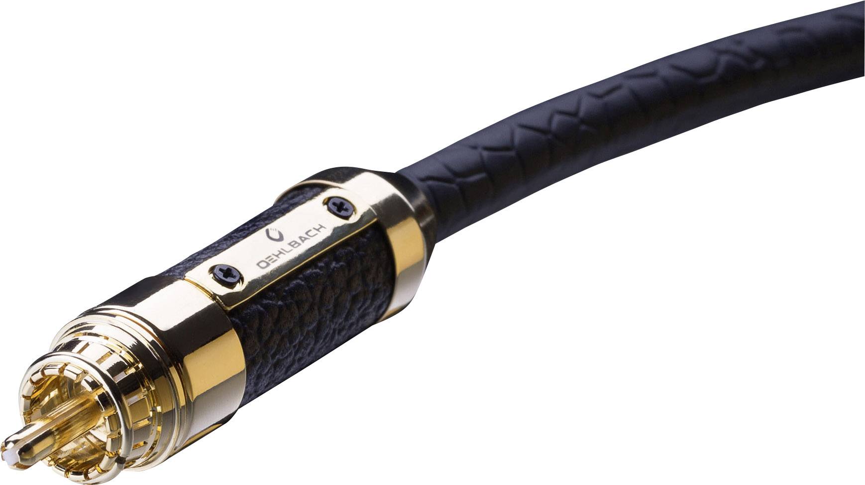 Čiernozlaté audio káble s precíznym kovovým spracovaním a označením značky na konektore.