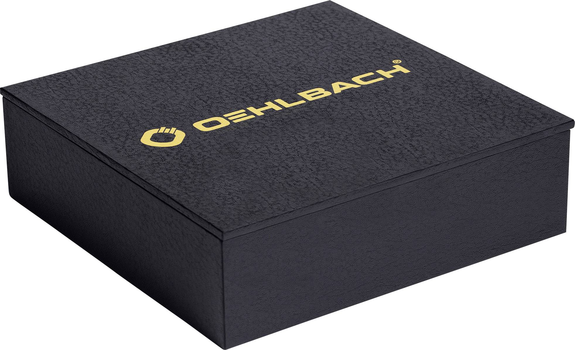 Čierna obdĺžniková škatuľa so zlatožltým logom 'Oehlbach' na hornej strane.