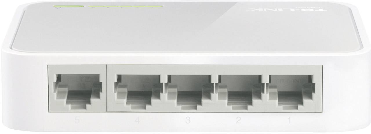 Sieťový prepínač 'Tenda' s piatimi ethernetovými portami na prednej strane, vhodný na prepojenie viacerých zariadení v lokálnej sieti.