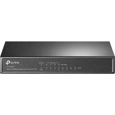 Čierny TP-Link 8-portový 10/100 Mbps stolový switch so 4 PoE portami. Na prednej strane sú LED indikátory stavu a aktivity.