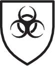 Čiernobiely symbol biologického nebezpečenstva na bielom štíte.