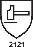 Piktogram kladiva na štíte s číslom '2121' pod ním. Symbolizuje ochranu alebo obranu.