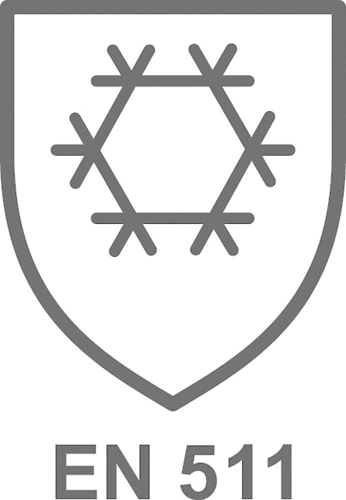 Obrázok zobrazuje symbol pre EN 511, normu pre ochranné oblečenie proti chladu. Je to štít so šesťuholníkovým vzorom.