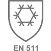 Obrázok zobrazuje symbol pre EN 511, normu pre ochranné oblečenie proti chladu. Je to štít so šesťuholníkovým vzorom.