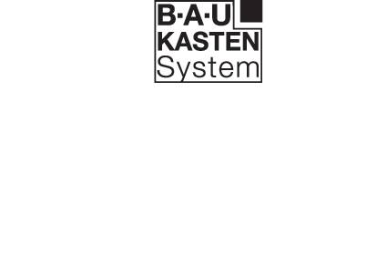 'BAUKASTEN System' v bielych bodkovaných písmenách na čiernom pozadí.