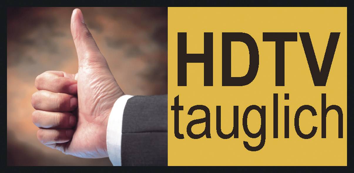 Palec hore vedľa textu 'HDTV vhodné' na žltom pozadí, symbolizuje súhlas a kompatibilitu s HDTV.