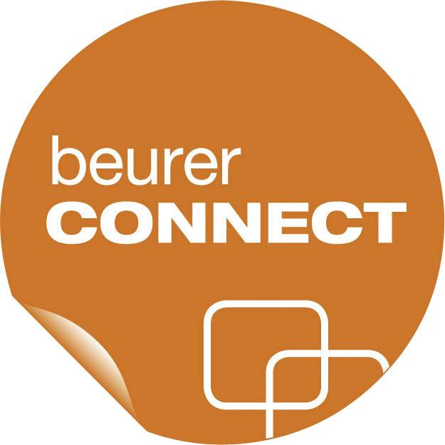Logo 'Beurer CONNECT' na oranžovom kruhu s bielym textom a navzájom prepojenými štvorcami v pravom dolnom rohu.