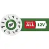 Logo 'Power for All 12V' s kruhom nástrojov okolo batérie, ktorá patrí k univerálnemu akumulátoru pre všetky nástroje.