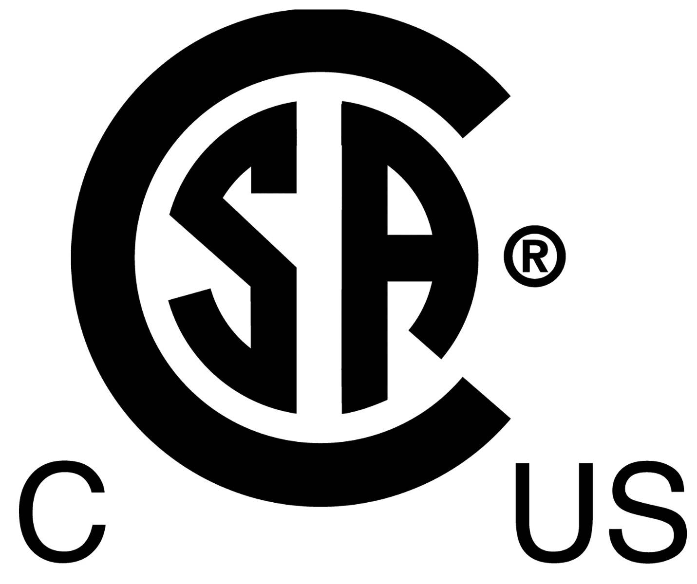 Logo CSA s písmenami 'C', 'S', 'A', 'C' a 'US'. Preukazuje zhodu produktu s bezpečnostnými štandardmi v Severnej Amerike.