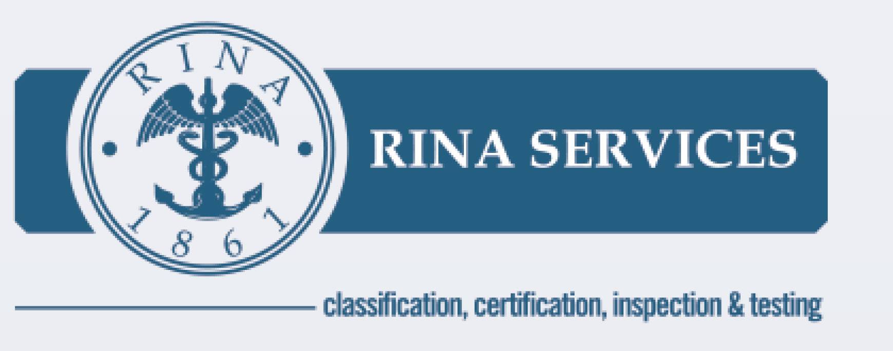 Logo spoločnosti RINA Services s modrým emblemom a textom "klasifikácia, certifikácia, inšpekcia a testovanie".