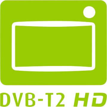 Zelené logo so štylizovaným televízorom a veľkou bodkou. Pod ním text 'DVB-T2 HD', čo signalizuje digitálne terestriálne televízne vysielanie vo vysokom rozlíšení.
