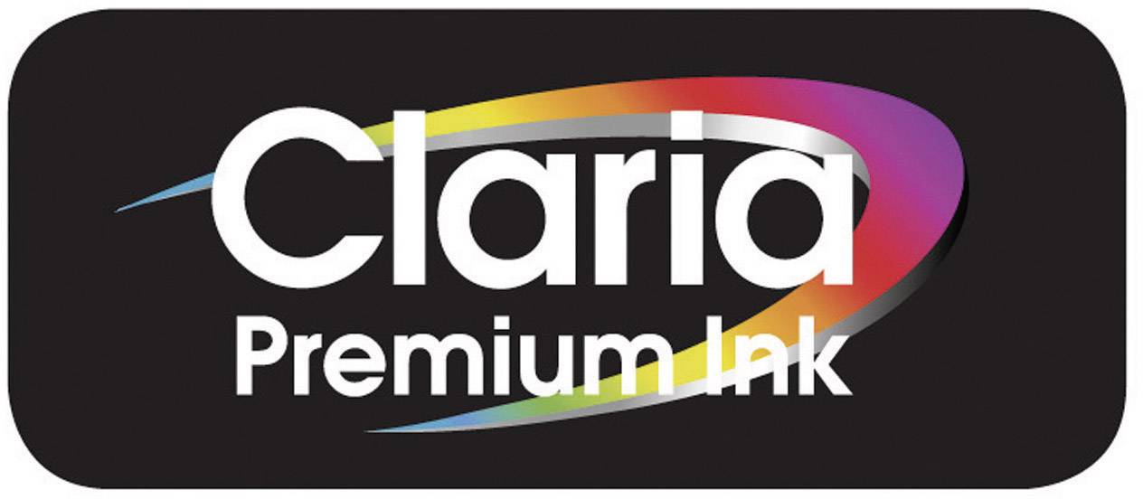 Logo s nápisom 'Claria Premium Ink', obklopené farebným, dynamickým pruhom vo farbách dúhy na čiernom pozadí.