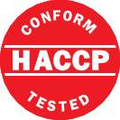 Kruhová pečať s nápisom "HACCP", "Conform" hore a "Tested" dole, čierne písmo na tyrkysovom pozadí.
