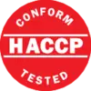 Kruhová pečať s nápisom "HACCP", "Conform" hore a "Tested" dole, čierne písmo na tyrkysovom pozadí.