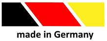 Tri diagonálne pruhy v čiernej, červenej a žltej farbe symbolizujú nemeckú vlajku. Pod ňou je napísané 'made in Germany'.