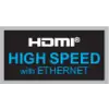 Čierna etiketa s bielym logom 'HDMI' a tyrkysovým nápisom 'HIGH SPEED with ETHERNET'.
