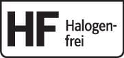 Štítok 'HF Halogénový bez obsahu', ktorý signalizuje, že produkt neobsahuje halogénové látky.