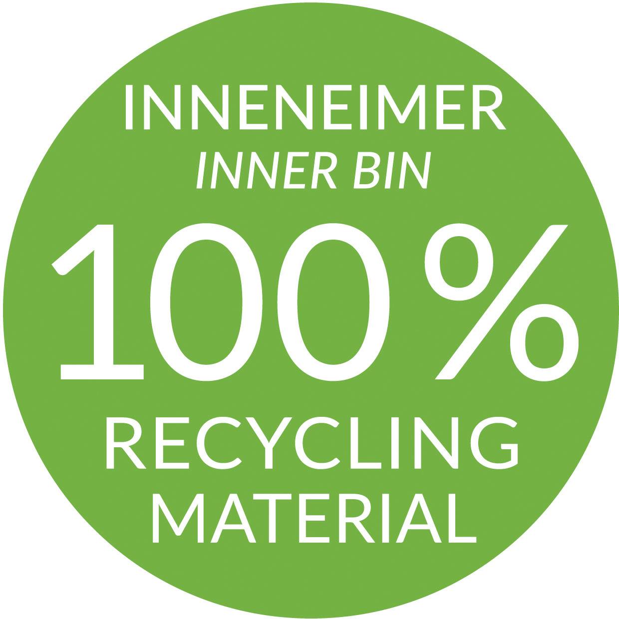 Na zelenom kruhu je v angličtine a nemčine nápis „100% Recycling Material", čo poukazuje na úplné využitie recyklovaného materiálu.