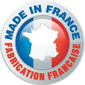 Logo s nápisom: Made in France, Fabrication Française. Zobrazenie mapy Francúzska v centre.