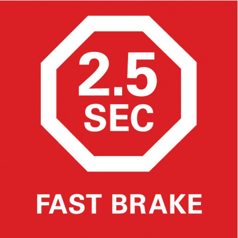 Dopravná značka Stop s nápisom '2,5 SEK' a pod ním '(RÝCHLA) BRZDA' v bielej farbe na červenom pozadí.