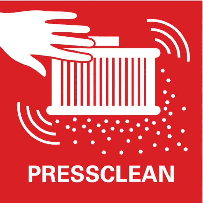 Biely šípkový ukazovateľ smeruje na filter, z ktorého vypadáva prach na červenom pozadí. Text: 'PRESSCLEAN'.
