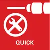 Logo 'Quick' na červenom pozadí so škrtnutým symbolom kľúča a skrutkovača, ktorý poukazuje na rýchly servis.