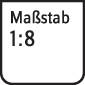 Mierka s textom '1:8', ktorá ukazuje, že objekt je osemkrát menší než v skutočnosti.