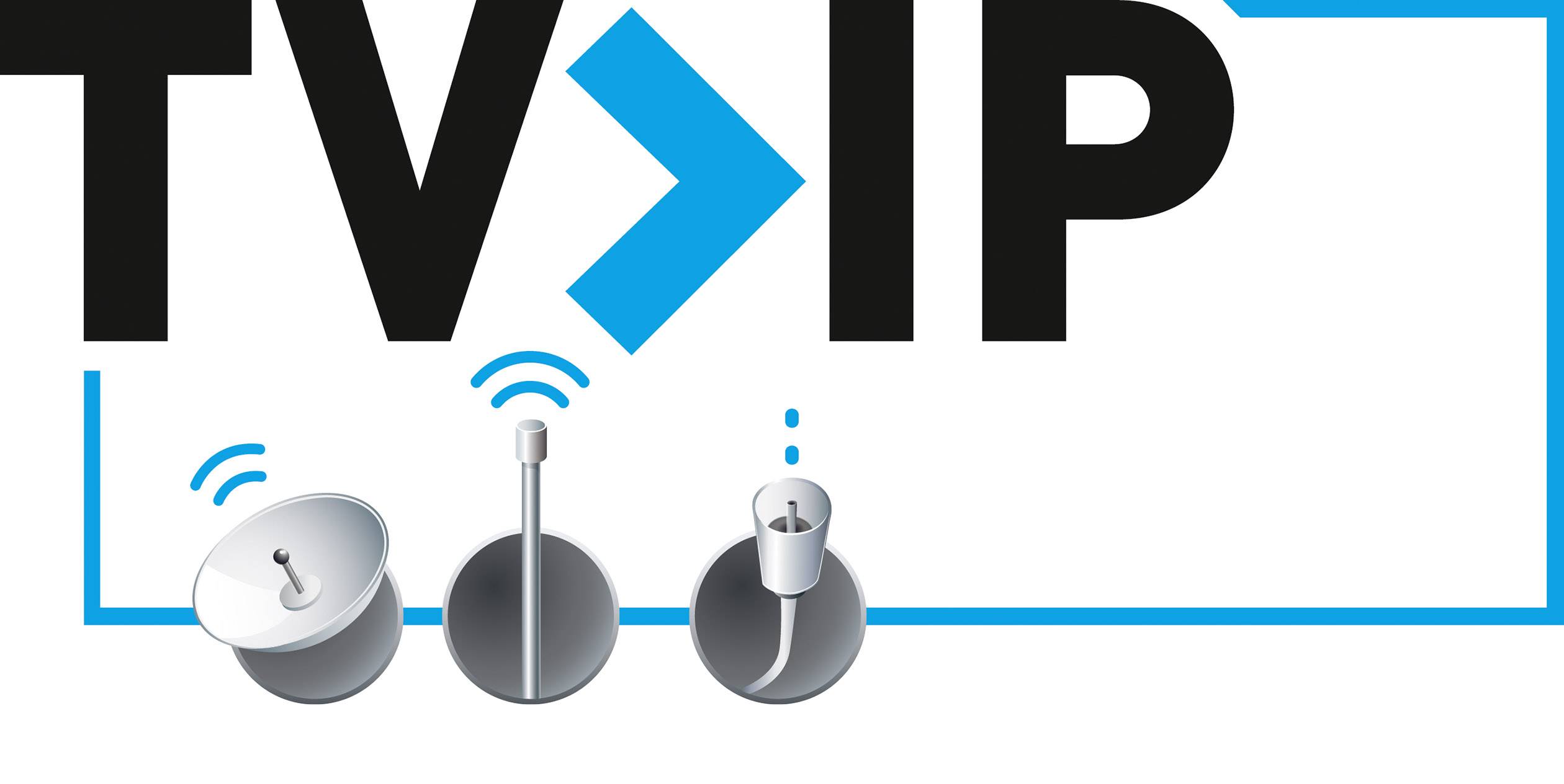 Obrázok zobrazuje logo 'TV cez IP' so symbolmi satelitu, antény a sieťovej zásuvky, ktoré znázorňujú prepojenie.