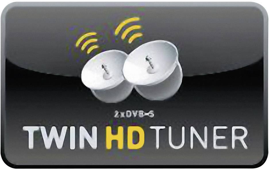 'TWIN HD TUNER' Obraz znázorňuje dve satelitné taniere s rádiovými signálmi. Text: '2x DVB-S'.