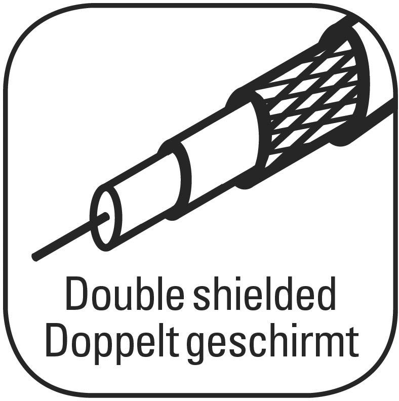Obrázok znázorňuje kábel s dvojitým tienením s nápisom "Double shielded, Dvojito tienený".