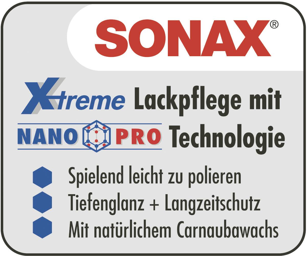 Etiketa: 'SONAX Xtreme Starostlivosť o lak s NANO PRO technológiou'. Vlastnosti: ľahko sa leští, hlboký lesk a dlhodobá ochrana, s karnaubským voskom.