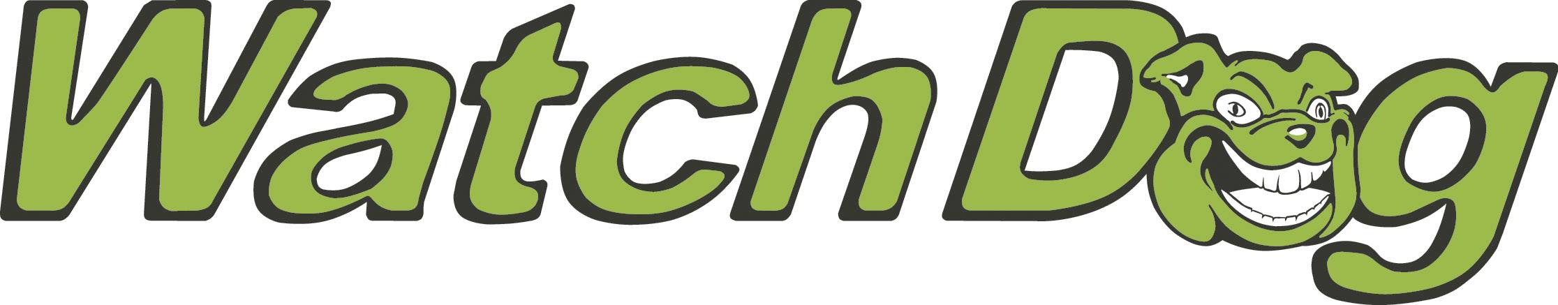 Logo pozostáva zo slova 'WatchDog' v zelenej farbe. Písmeno 'D' obsahuje štylizovanú, smiace sa psiu tvár.