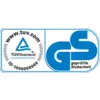 Logo 'TÜV Rheinland' a 'GS Geprüfte Sicherheit' na čiernom pozadí, symbol overených bezpečnostných štandardov.